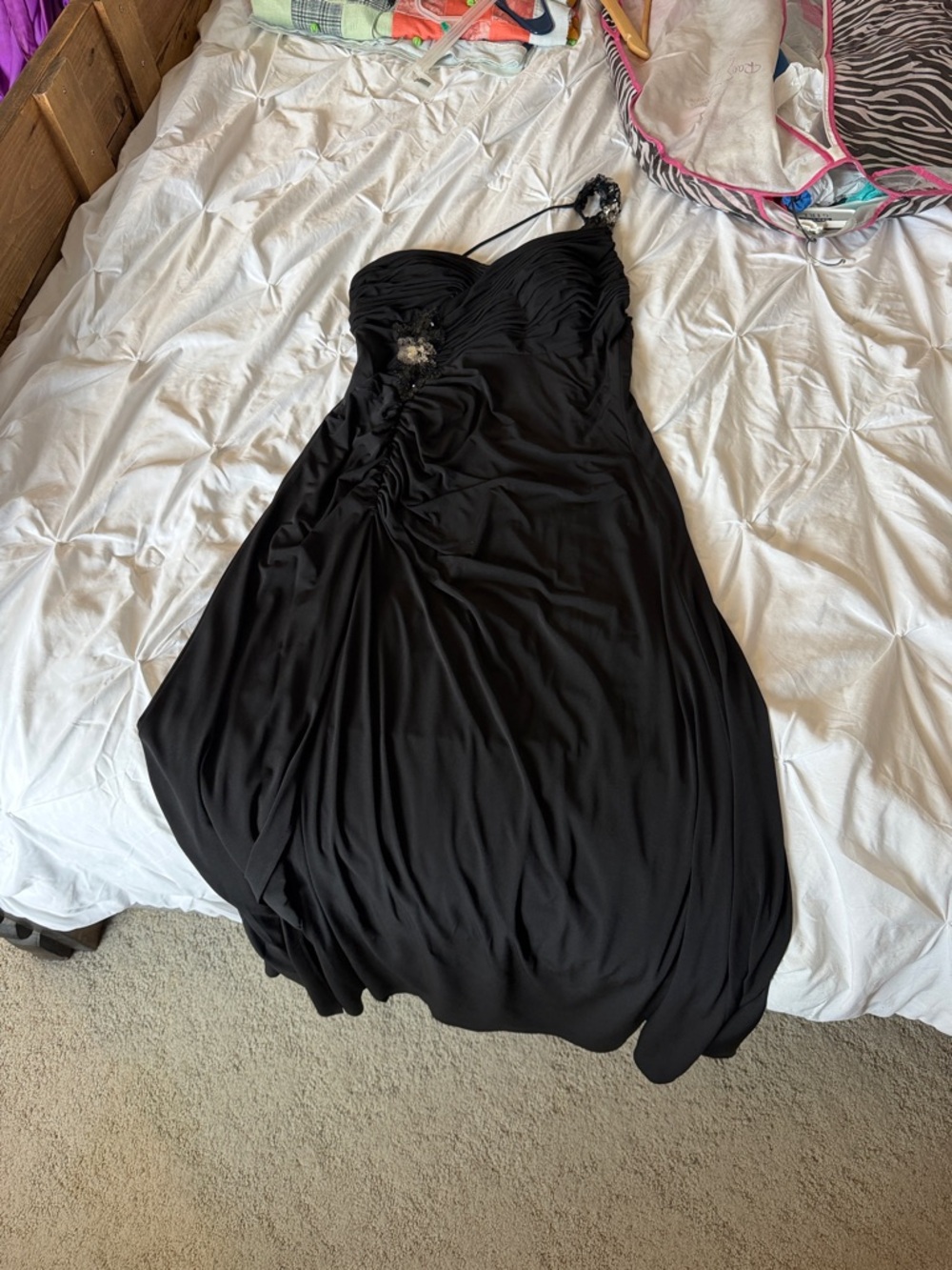Black One-Shoulder Evening Dress with Decorative Accent